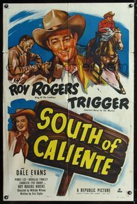 1i621 SOUTH OF CALIENTE one-sheet '51 cool artwork of Roy Rogers on horseback and sexy Dale Evans!