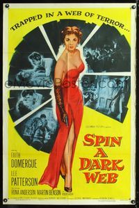 1i624 SPIN A DARK WEB 1sh '56 wonderful film noir art of sexy full length Faith Domergue with gun!