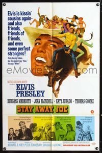 1i635 STAY AWAY JOE one-sheet '68 great artwork Elvis Presley riding bull with lots of sexy girls!