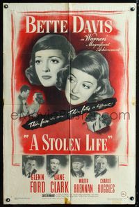 1i639 STOLEN LIFE one-sheet movie poster '46 Bette Davis as twins with different fates, Glenn Ford