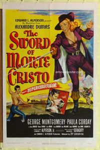1i657 SWORD OF MONTE CRISTO one-sheet '51 George Montgomery in Alexandre Dumas adaptation, sexy art!