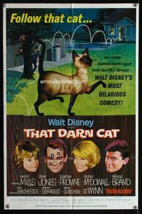 1i676 THAT DARN CAT style B one-sheet '65 Hayley Mills, great artwork of Disney Siamese feline!
