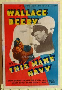 1i691 THIS MAN'S NAVY one-sheet '45 William Wellman, great image of Navy soldier Wallace Beery!