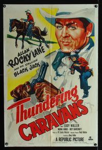 1i697 THUNDERING CARAVANS one-sheet '52 great huge artwork of cowboy Rocky Lane with smoking gun!