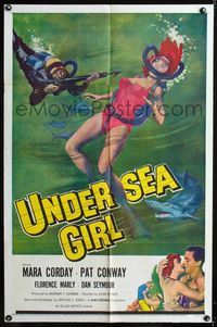 1i731 UNDERSEA GIRL one-sheet movie poster '57 cool artwork of sexy deep sea scuba diver in peril!