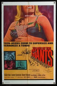 1i745 VILLAGE OF THE GIANTS one-sheet '65 classic image of boy in gigantic sexy girl's cleavage!
