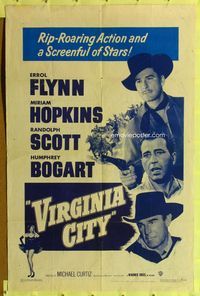 1i748 VIRGINIA CITY 1sheet R51 great image of cowboys Errol Flynn, Humphrey Bogart & Randolph Scott!