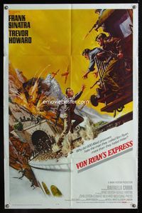 1i754 VON RYAN'S EXPRESS one-sheet '65 cool art of Frank Sinatra chasing train while being shot at!
