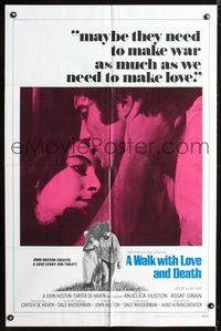 1i760 WALK WITH LOVE & DEATH int'l one-sheet '69 John Huston, Anjelica Huston romantic close up!