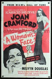 1i794 WOMAN'S FACE one-sheet movie poster R54 cool artwork of scarfaced she-devil Joan Crawford!