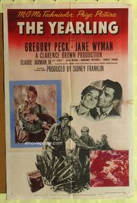 1i797 YEARLING style D one-sheet '46 art of Gregory Peck, Jane Wyman & Claude Jarman Jr., classic!