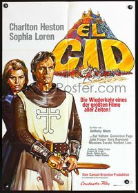 1k107 EL CID German movie poster R73 great artwork of Charlton Heston with sword & Sophia Loren!