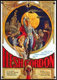 1k126 FLESH GORDON German poster '74 sexy sci-fi spoof, wacky erotic super hero art by George Barr!