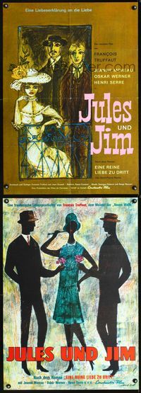 1k163 JULES & JIM 2-sided German '61 Jules et Jim, Francois Truffaut, art by Bele, Homel & Ahize!