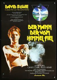 1k185 MAN WHO FELL TO EARTH photo style German '76 Roeg, barechested David Bowie shooting gun!