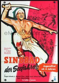 1k228 SINBAD THE SAILOR German poster R70s great art of Douglas Fairbanks Jr. leaping with sword!