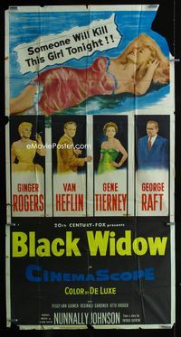 1m259 BLACK WIDOW three-sheet '54 Ginger Rogers, Gene Tierney, Van Heflin, George Raft, sexy art!