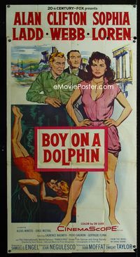 1m269 BOY ON A DOLPHIN 3sheet '57 art of Alan Ladd, sexy life-sized Sophia Loren & Clifton Webb!