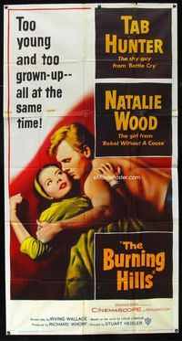 1m283 BURNING HILLS 3sheet '56 close up romantic image of Natalie Wood & barechested Tab Hunter!