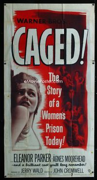 1m284 CAGED three-sheet movie poster '50 Eleanor Parker in the story of a women's prison today!