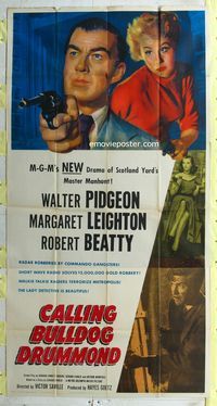 1m288 CALLING BULLDOG DRUMMOND three-sheet poster '51 cool artwork of Walter Pidgeon with gun!