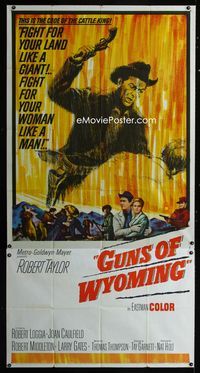 1m297 CATTLE KING three-sheet movie poster '63 Robert Taylor, Robert Loggia, Guns of Wyoming!