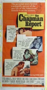 1m300 CHAPMAN REPORT three-sheet movie poster '62 Jane Fonda, from Irving Wallace sex novel!
