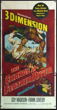 1m301 CHARGE AT FEATHER RIVER 3sheet '53 great 3-D artwork of Guy Madison throwing Native American!