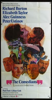 1m305 COMEDIANS 3sheet '67 art of Richard Burton, Elizabeth Taylor, Alec Guinness & Peter Ustinov!