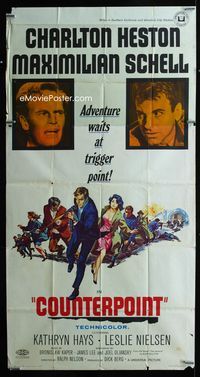 1m309 COUNTERPOINT 3sheet '68 Charlton Heston, Maximilian Schell, adventure waits at trigger point!