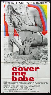 1m311 COVER ME BABE int'l 3sheet '70 sexiest different image of buried hands grabbing girl on beach!