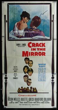 1m312 CRACK IN THE MIRROR three-sheet '60 Orson Welles, Bradford Dillman, sexy Juliette Greco!