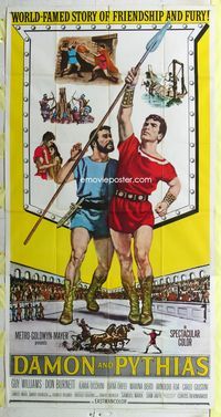 1m316 DAMON & PYTHIAS three-sheet '62 Italian gladiators, world-famed story of friendship and fury!