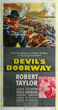 1m326 DEVIL'S DOORWAY three-sheet poster '50 cool artwork of Robert Taylor aiming rifle in war!