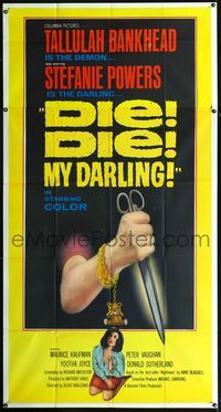 1m328 DIE DIE MY DARLING 3sheet '65 Tallulah Bankhead, great artwork of stabbing scissors, Fanatic!