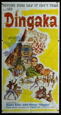 1m329 DINGAKA int'l three-sheet movie poster '65 Jamie Uys, cool artwork of African native tribe!