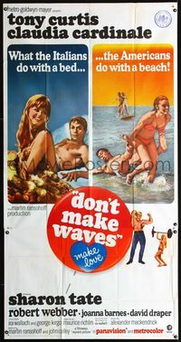 1m335 DON'T MAKE WAVES three-sheet '67 Tony Curtis, super sexy Sharon Tate & Claudia Cardinale!