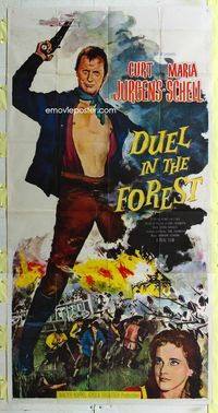 1m342 DUEL IN THE FOREST 3sheet '58 life-sized artwork of barechested Curd Jurgens, Maria Schell