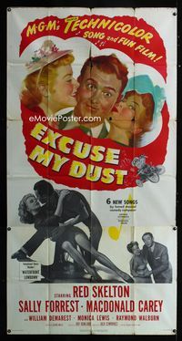 1m351 EXCUSE MY DUST three-sheet poster '51 art of Red Skelton being kissed by two pretty girls!
