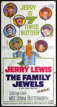 1m357 FAMILY JEWELS three-sheet movie poster '65 Jerry Lewis is 7 times nuttier in 7 roles!