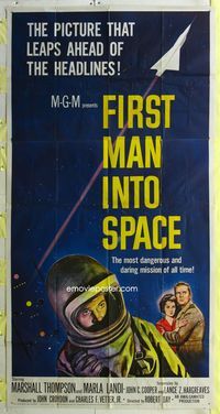 1m363 FIRST MAN INTO SPACE 3sh '59 most dangerous & daring mission of all time, cool astronaut art!