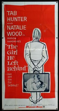 1m385 GIRL HE LEFT BEHIND three-sheet movie poster '56 romantic image of Tab Hunter & Natalie Wood!