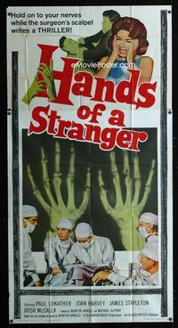 1m401 HANDS OF A STRANGER three-sheet movie poster '62 cool hand transplant surgery & X-ray image!
