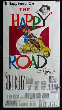 1m402 HAPPY ROAD three-sheet poster '57 romantic art of Gene Kelly & Barbara Laage riding on Vespa!