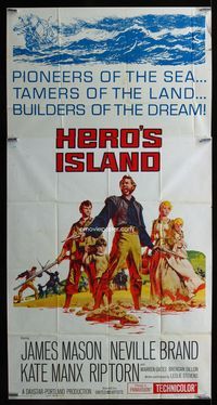 1m409 HERO'S ISLAND three-sheet poster '62 art of James Mason, Neville Brand, Kate Manx & Rip Torn!