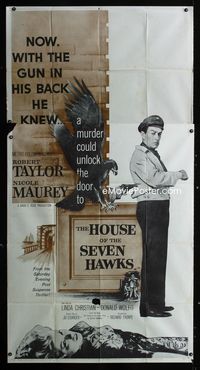 1m416 HOUSE OF THE SEVEN HAWKS three-sheet '59 treasure hunter Robert Taylor with gun in his back!