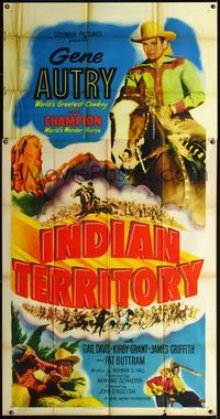 1m424 INDIAN TERRITORY 3sheet '50 cool huge image of Gene Autry riding Champion the Wonder Horse!