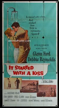 1m431 IT STARTED WITH A KISS 3sheet '59 Glenn Ford & Debbie Reynolds kissing in shower in Spain!