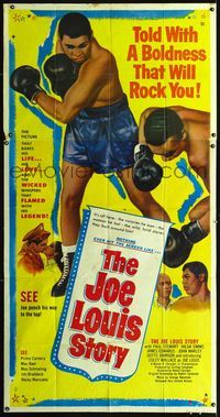 1m435 JOE LOUIS STORY 3sheet '53 close up art of heavyweight champion boxer knocking out opponent!