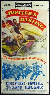 1m440 JUPITER'S DARLING three-sheet '55 great art of sexy Esther Williams & Howard Keel on chariot!